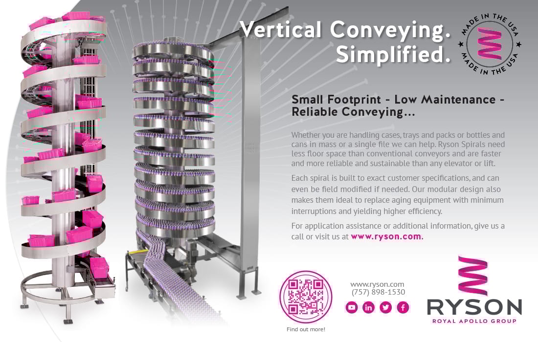 Two Ryson vertical spiral conveyors moving products.
