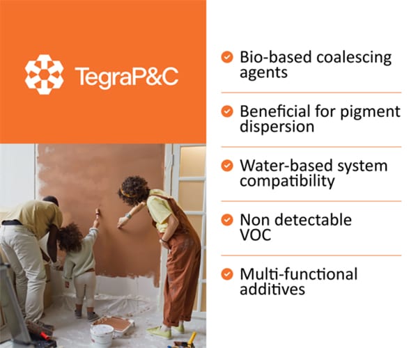 TegraP&C logo, product features (bio-based, non-VOC), and a family painting a wall.