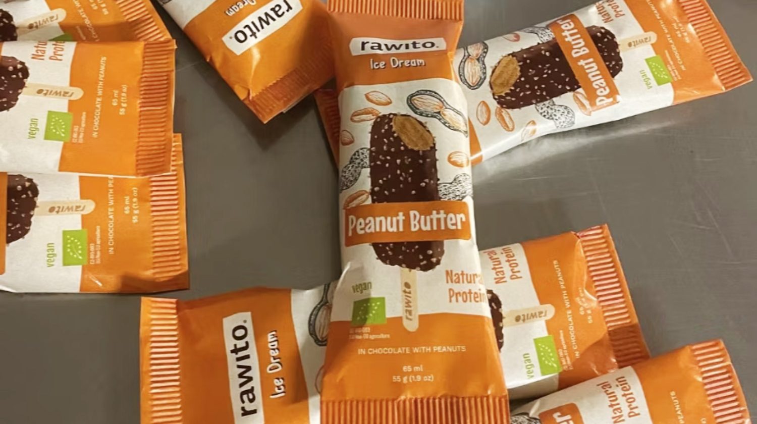 Rawito ice cream products on table in one.five packaging