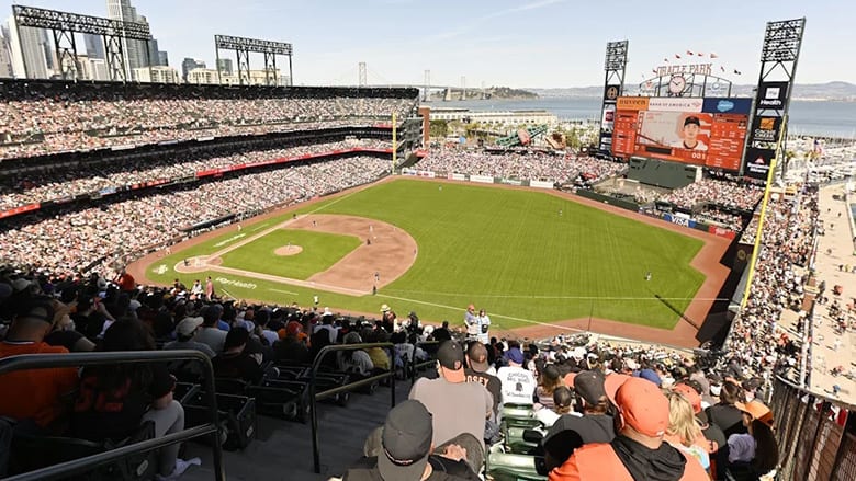 A wide shot of a crowded baseball stadium during a game, showing the field, fans, scoreboard, and city skyline.