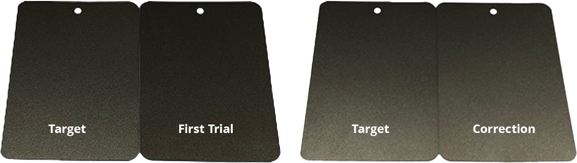 First target sample and first trial based on automatically selected pigments and formulation from scratch. Second target sample and second trial after a single correction.