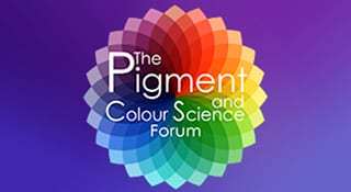 Logo for The Pigment and Colour Science Forum, featuring a circular rainbow color wheel with white text.