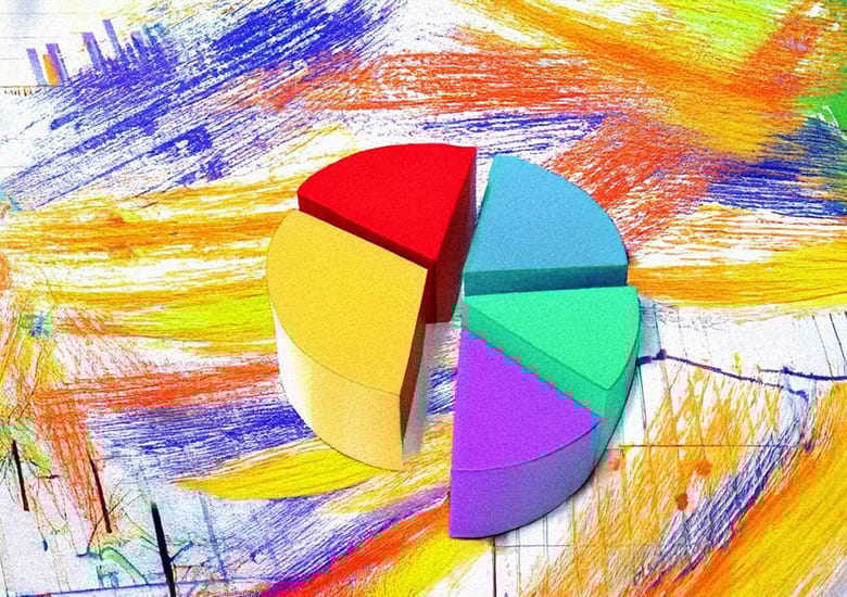 Textured 3D pie chart overlayed on background of painted lines