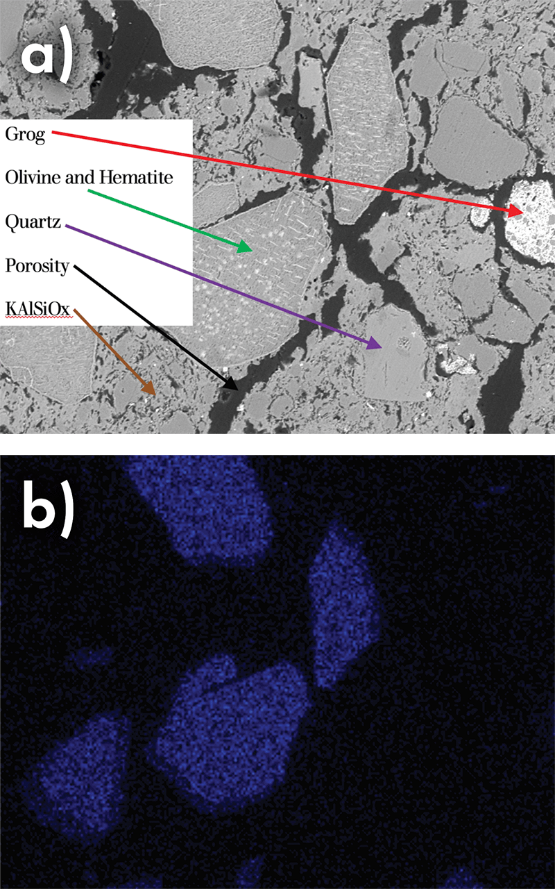 a) Backscattered scanning electron micrograph of the clay brick sintered microstructure. b) Energy dispersive X-ray microanalysis spectral image of the same area illustrating the location of magnesium