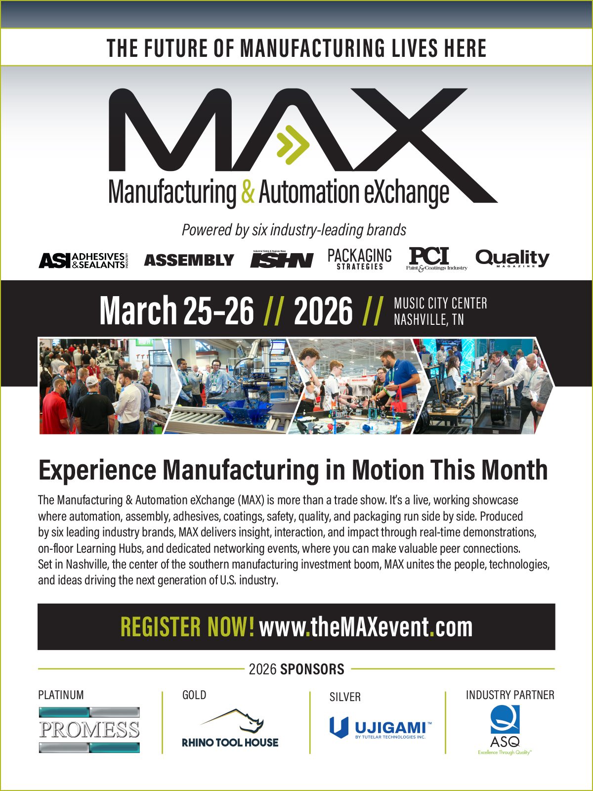Manufacturing & Automation eXchange (MAX) event poster with date, location, description, and sponsors.