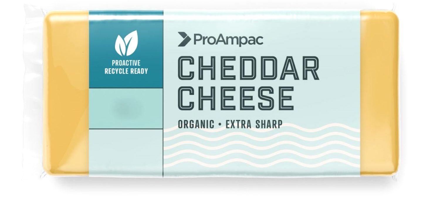 Chunk cheese in ProAmpac wrapper against white background