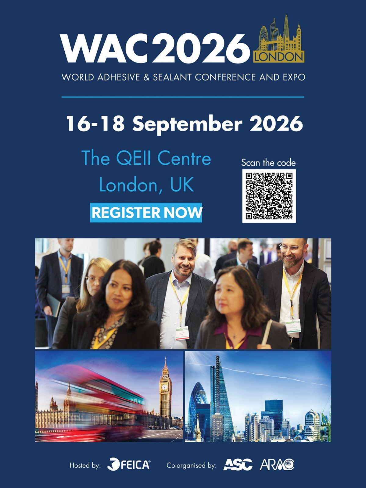 WAC2026 World Adhesive & Sealant Conference & Expo, London, 16-18 Sep 2026. Includes attendees, city views, and QR code.