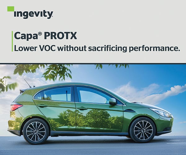 Ingevity Capa PROTX ad: Lower VOC, no performance sacrifice. Green car.