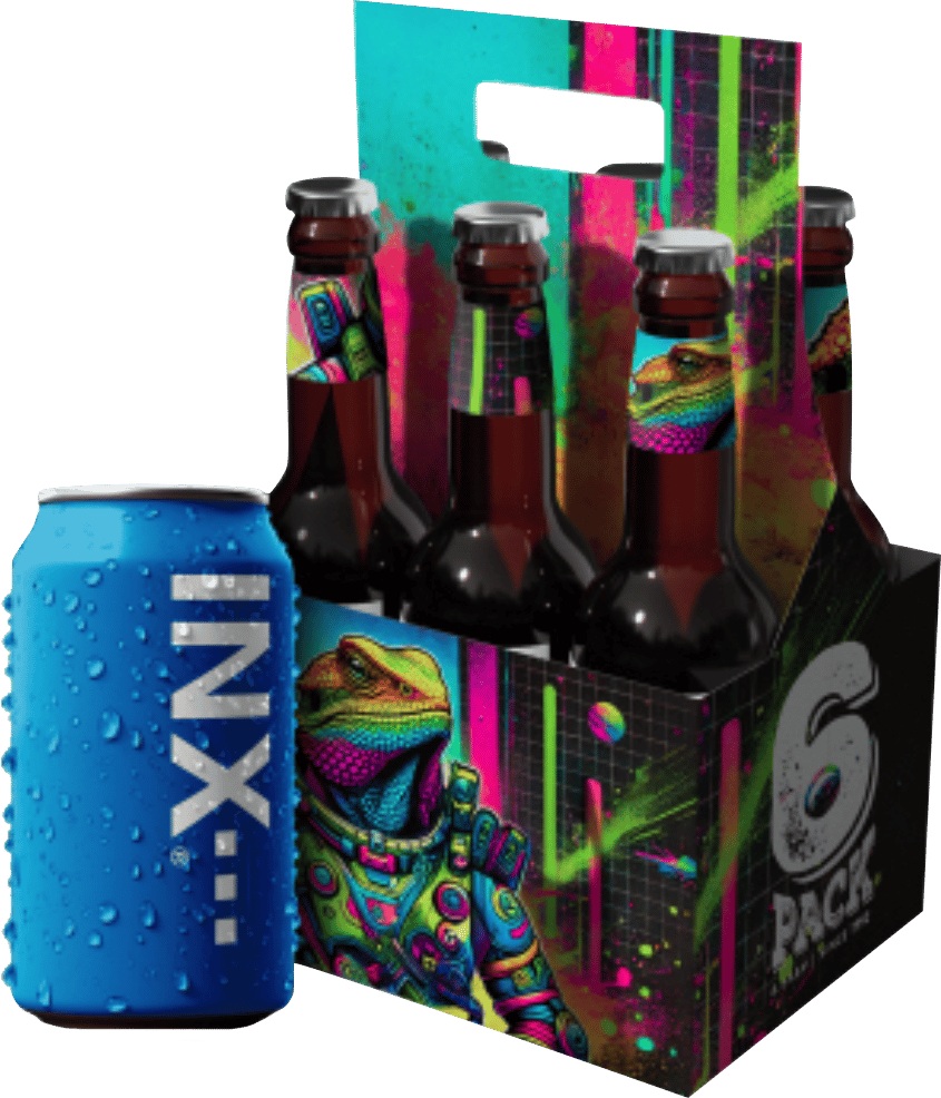 INX-designed can next to multipack of bottles