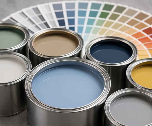 Open paint cans in various colors, including blues, green, tan, and gray, with a color swatch fan in the background.