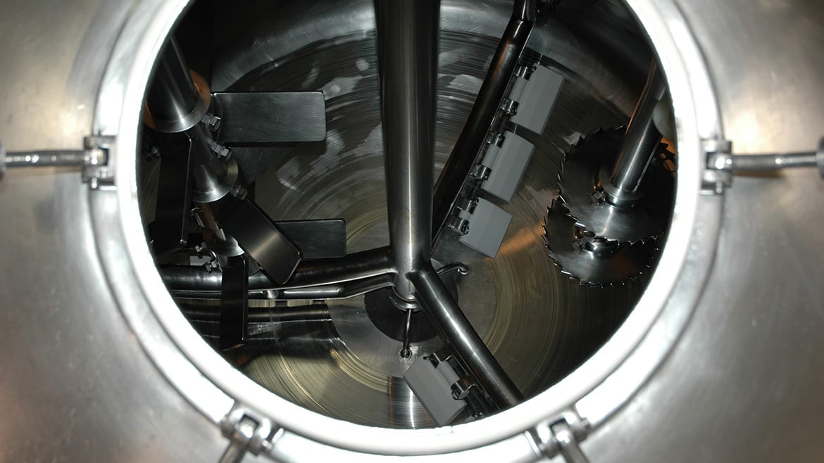 Looking into a giant stainless steel mixer