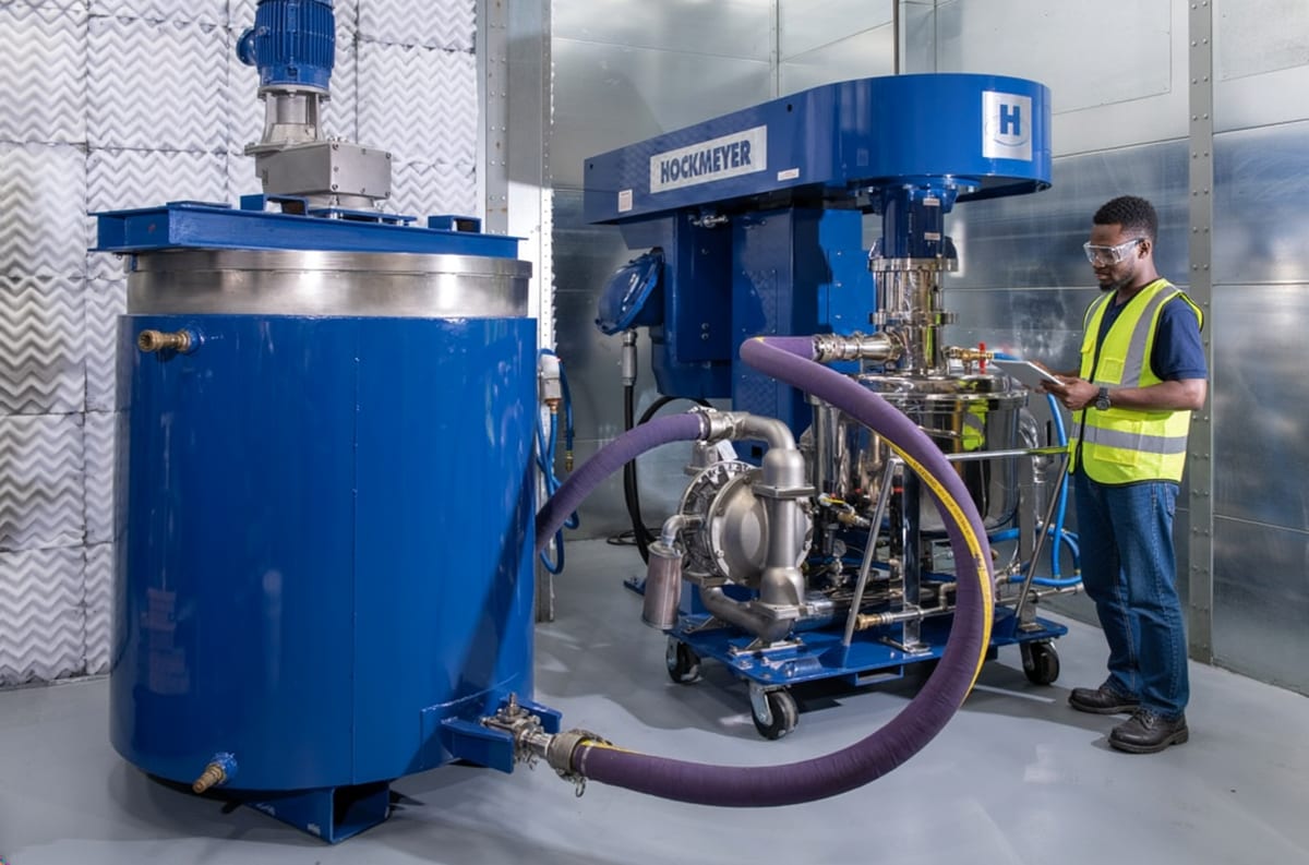 60L NexGen Vacuum Recirculation Mill shown with optional process tank and agitator