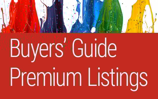 Colorful paint splashes above a red banner with 'Buyers' Guide Premium Listings' text.