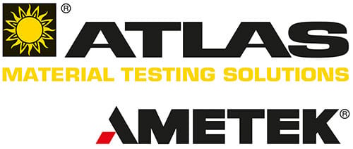 Logos for Atlas Material Testing Solutions and Ametek, featuring text and a sun icon.