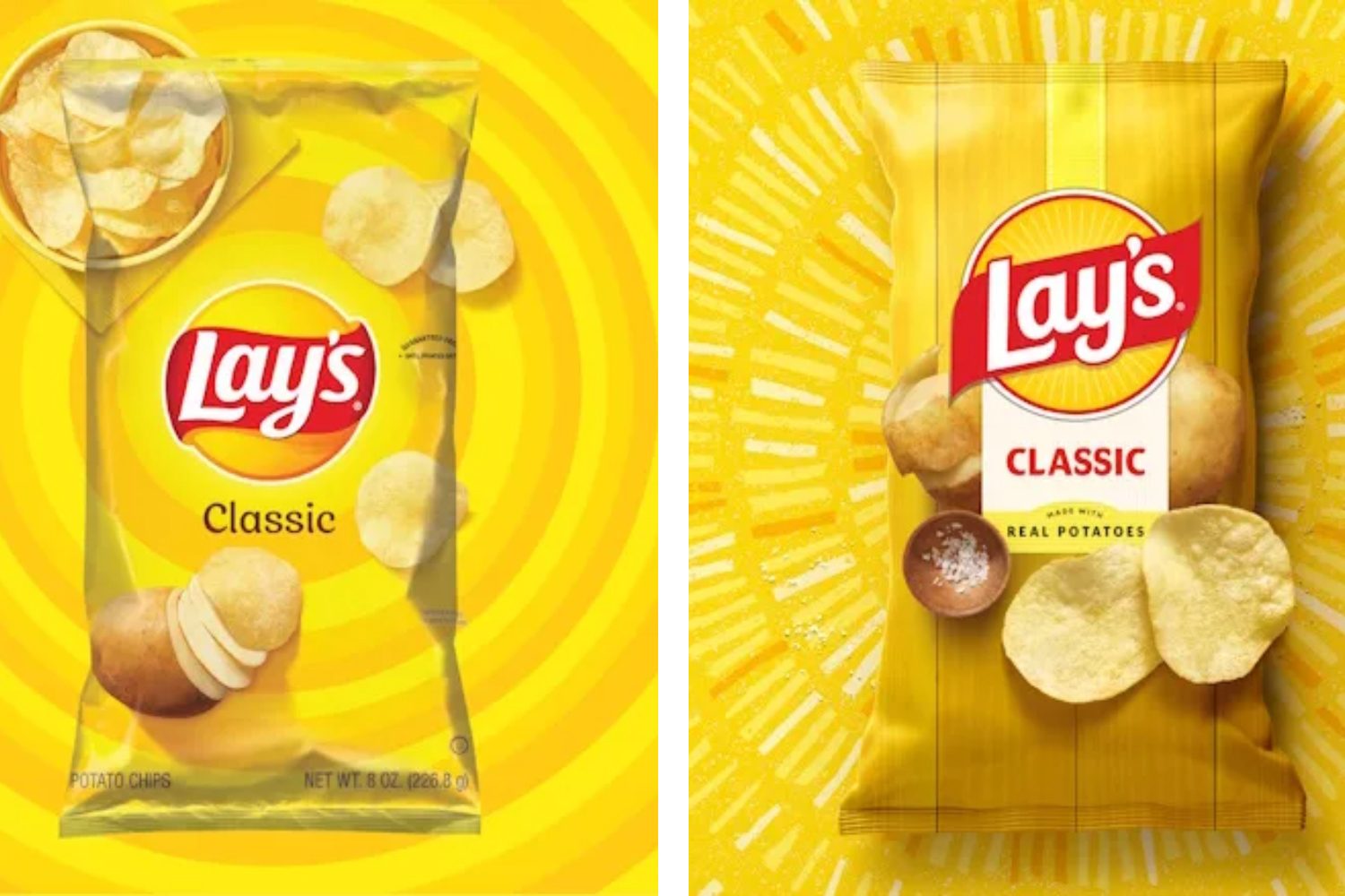 Lay’s old packaging on the left and Lay’s new packaging on the right