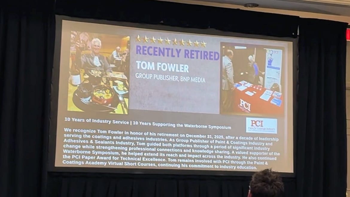 Tribute slide for Tom Fowler, Group Publisher, BNP Media, recognizing his retirement and industry contributions.