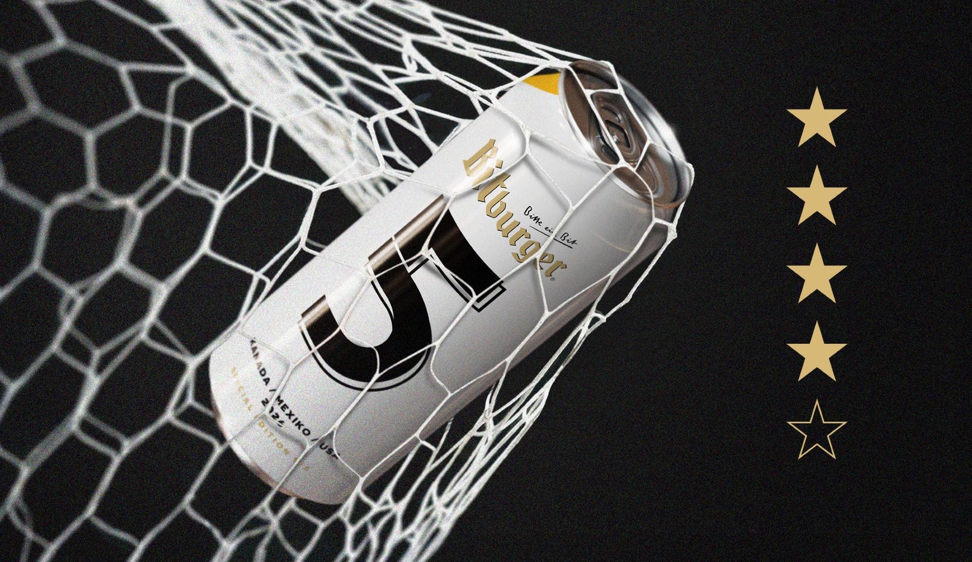 Can with the number ‘5’ on it going through a soccer net against a black background