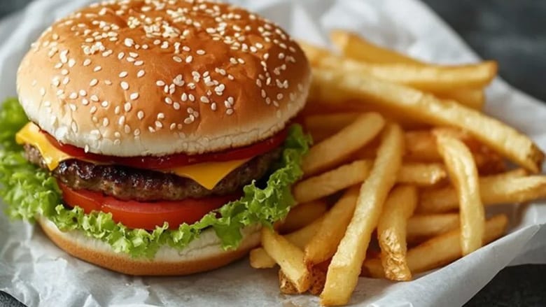 A classic cheeseburger with a sesame seed bun, melted cheese, lettuce, and tomato, served with crispy french fries.