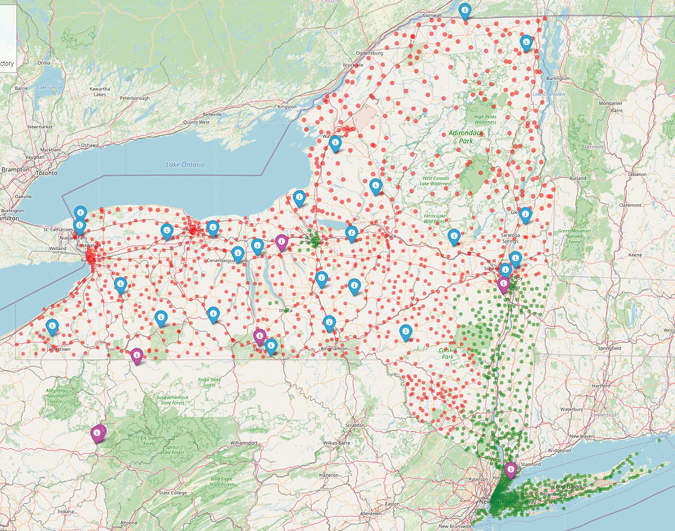 Map showing zip codes where recycling is economically favored, locations where landfilling is more affordable, landfill locations and factories