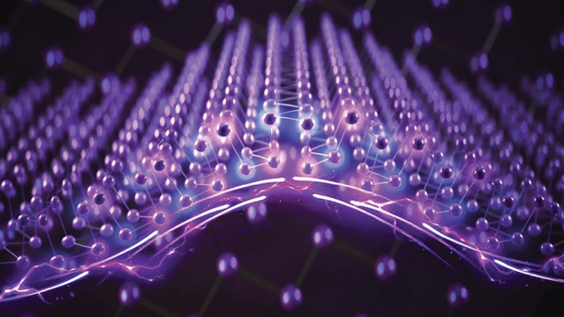 Illustration of monolayer a-phase bismuth containing positively and negatively charged ions that switch polarity with each other as the domain wall moves