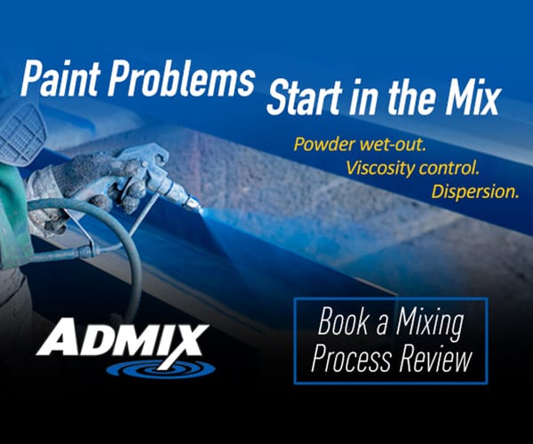 Admix ad: A person spraying paint, focusing on mixing issues like powder wet-out and viscosity control.