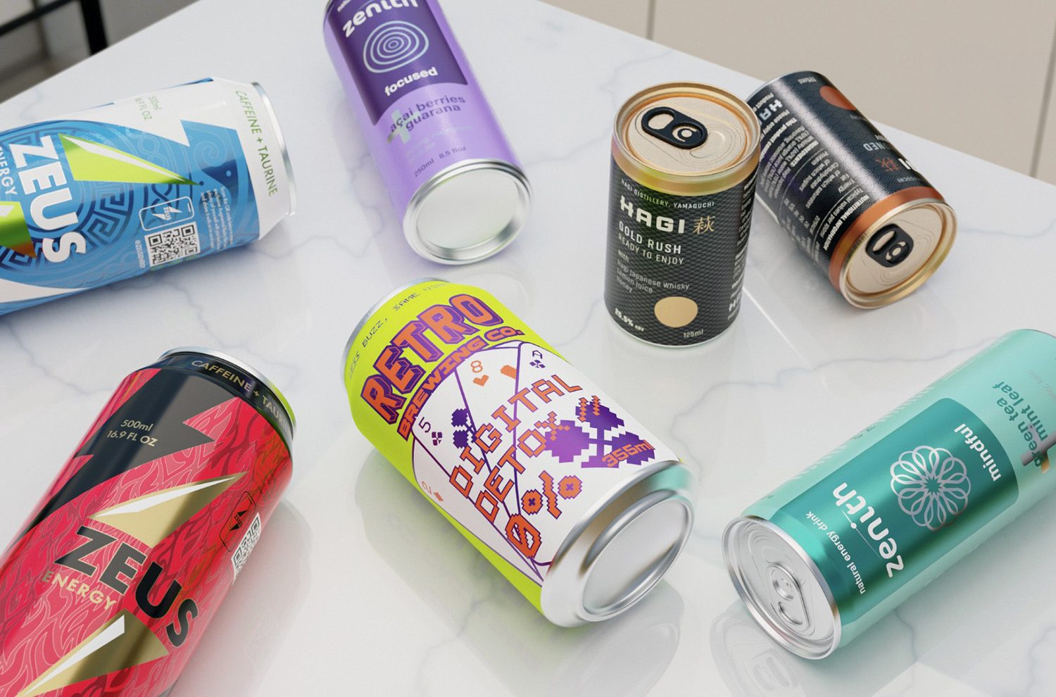 Several colorful beverage cans on white table