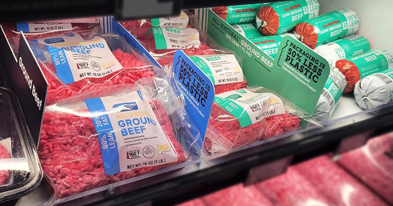 Ground beef packaged in Tyson&#x2019;s flow wrap packaging