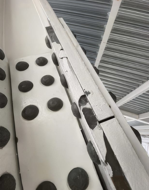 Brittle fracture of the intumescent PFP coating.