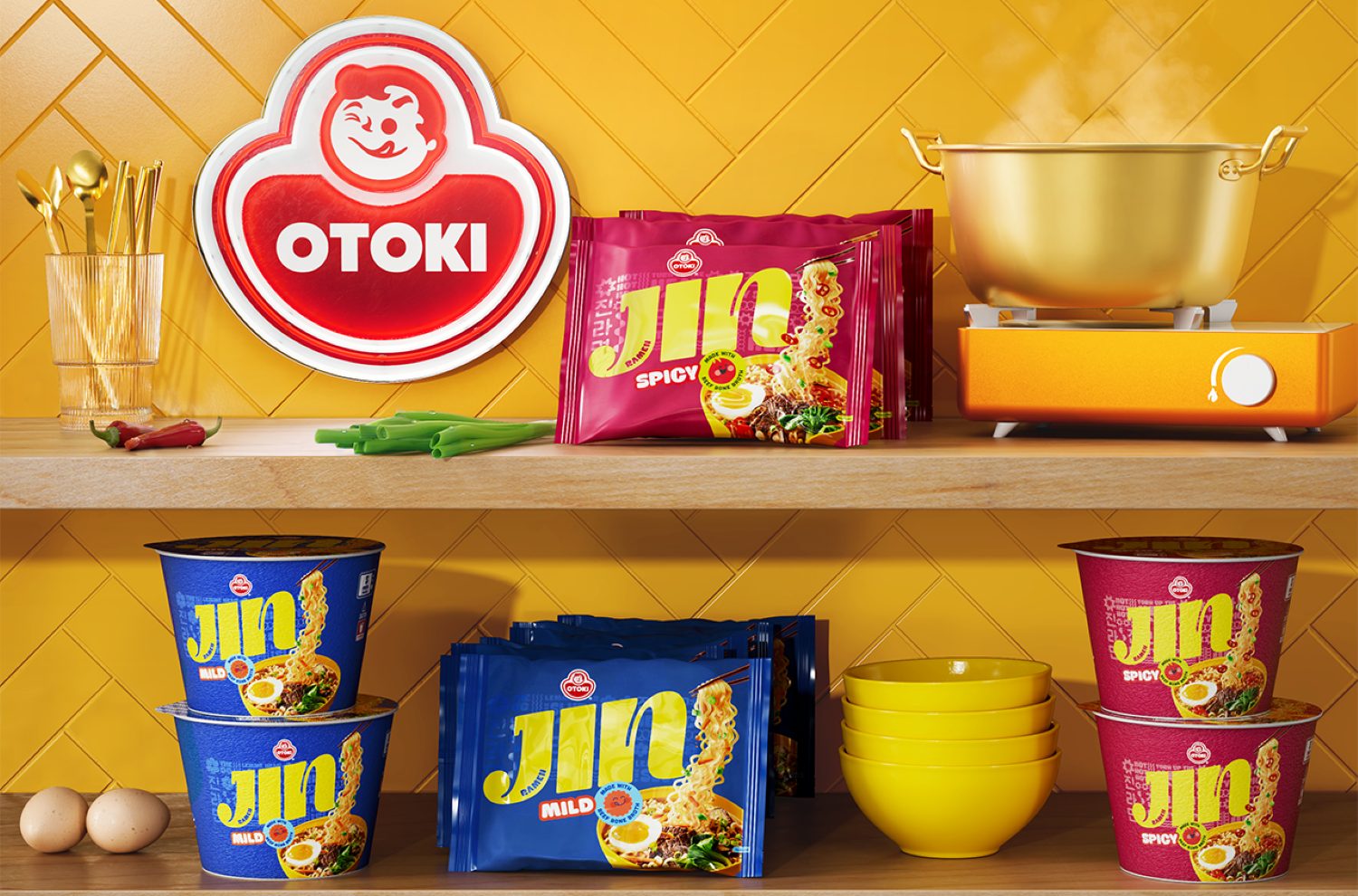 Different types of Otoki packages on shelves against a wall