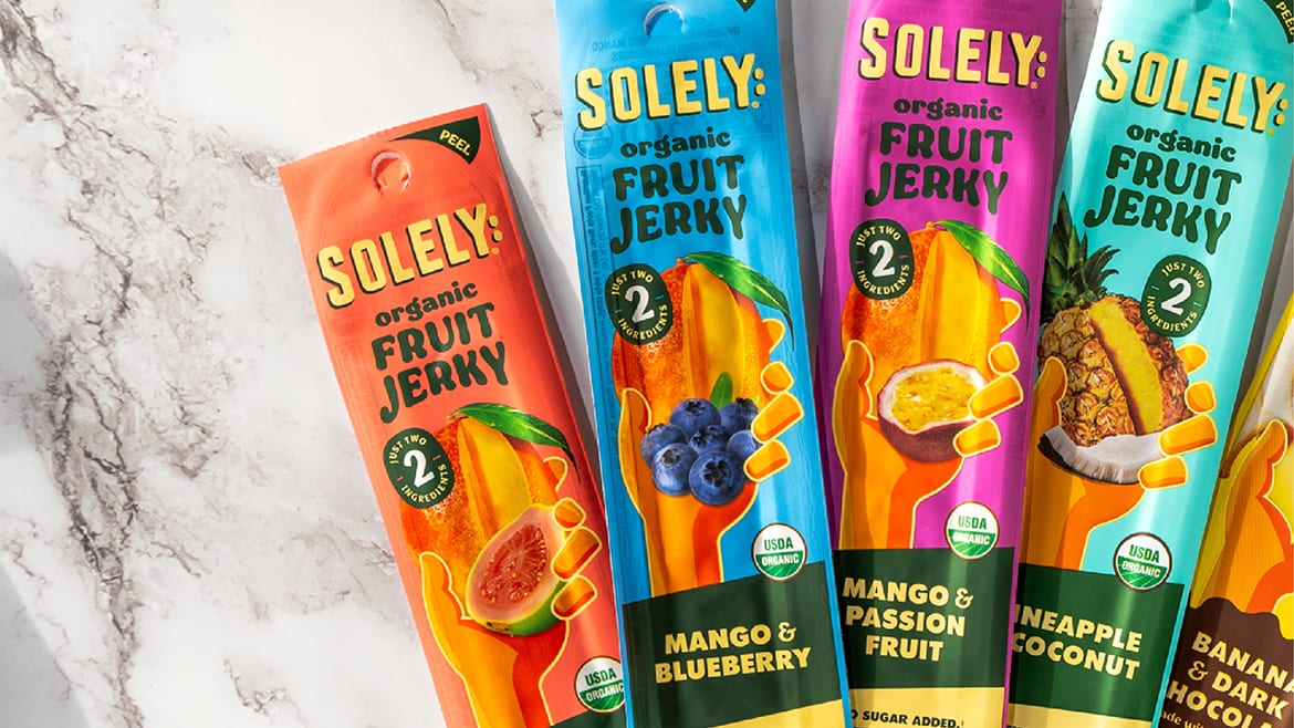 Colorful Solely Organic Fruit Jerky packages in various fruit flavors.