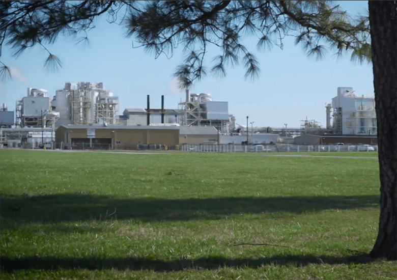 An industrial chemical plant with white buildings, cooling towers, and smoke stacks, framed by green grass and pine trees.