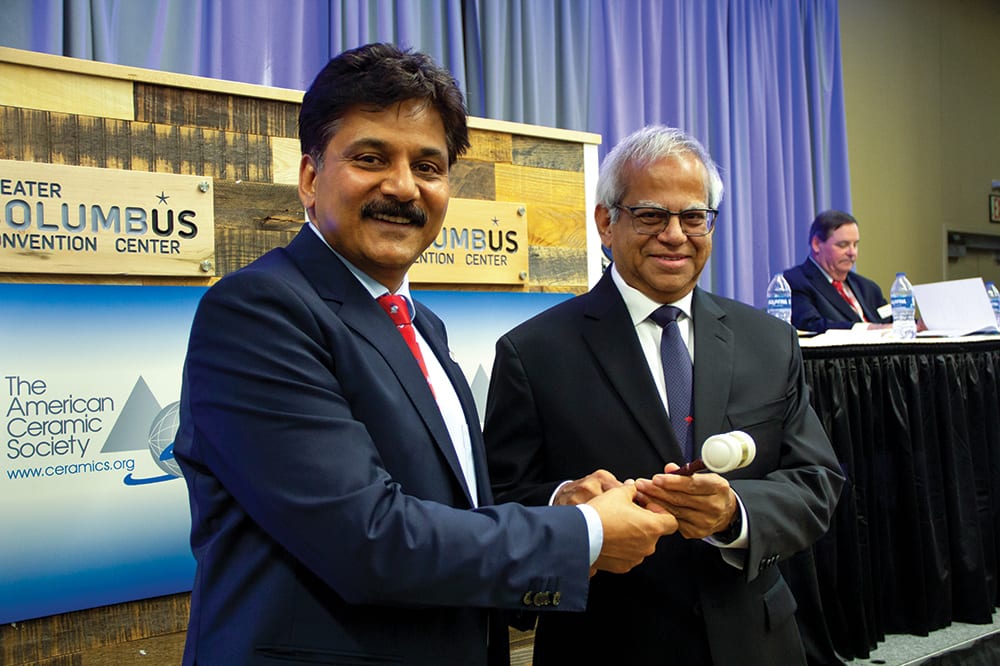 Outgoing ACerS president Sanjay Mathur and ACerS president Rajendra Bordia