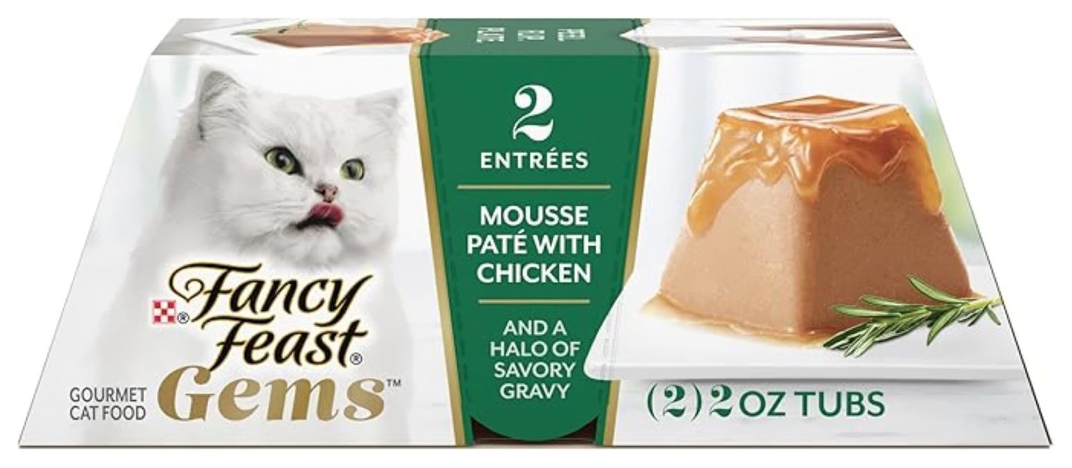 Package of two cat food entrees with image of food on it