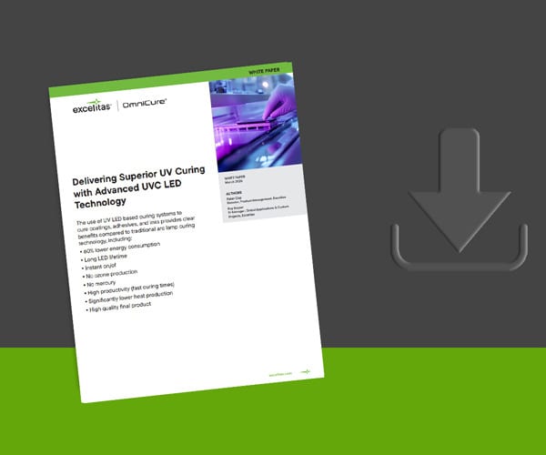 White paper titled 'Delivering Superior UV Curing with Advanced UVC LED Technology' with a download icon.