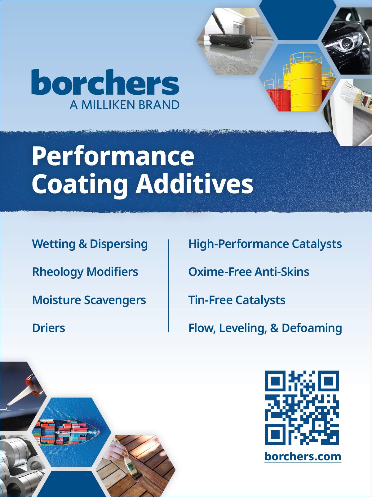 Borchers Performance Coating Additives flyer, listing product types like catalysts, driers, and application images.