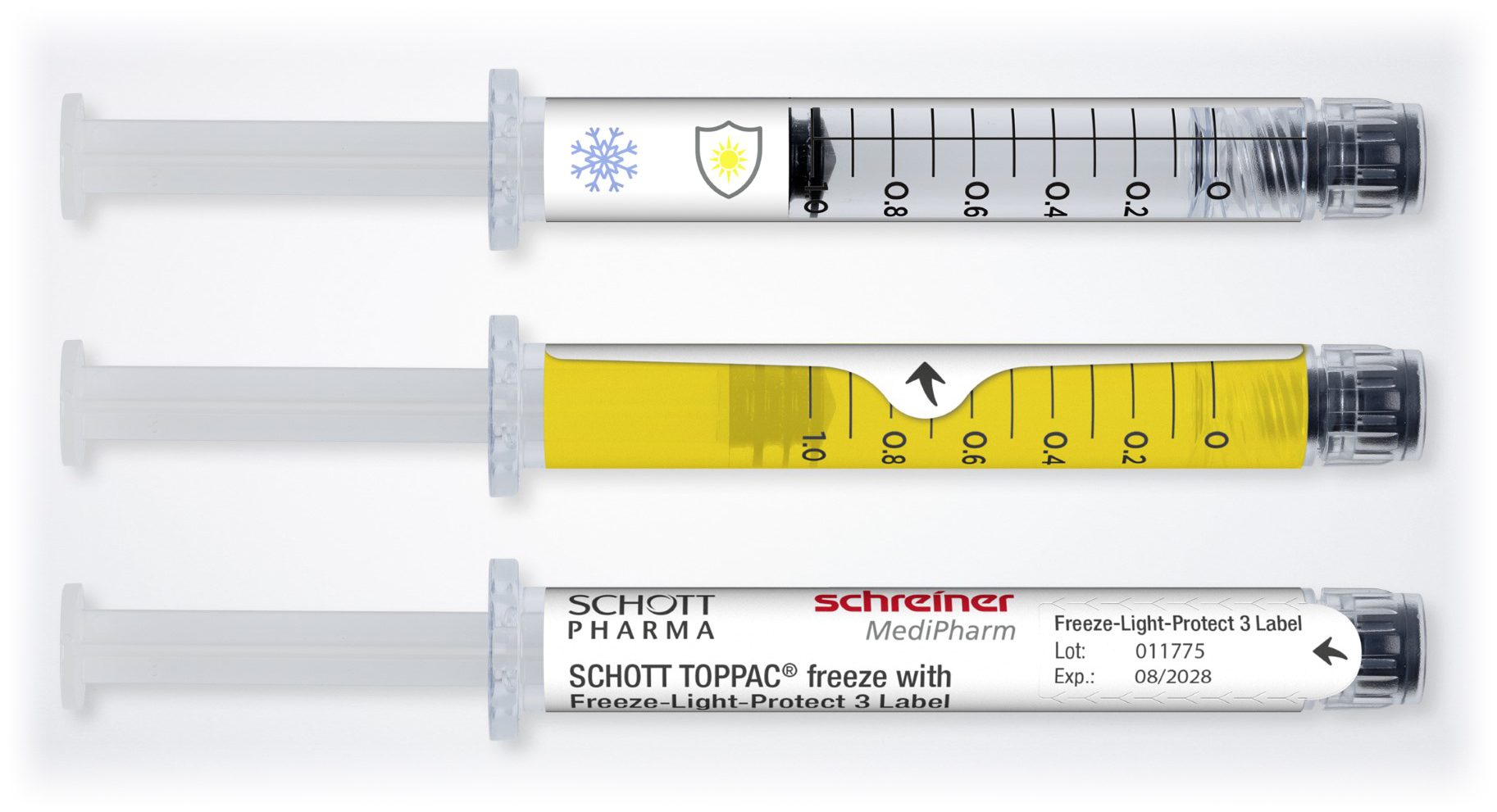 Rectangle, FontThree syringes with Schreiner MediPharm label
