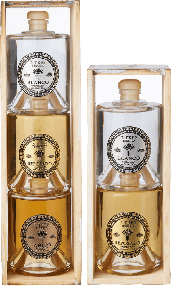 Three stack version of 3 Tres Tequila bottles next to the two stack version of them against a white background