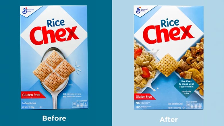 Rice Chex packaging before (left) and after (right)