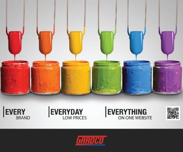 Rainbow-colored paint pouring into cans, with text "Every Brand, Everyday Low Prices, Everything on one website".