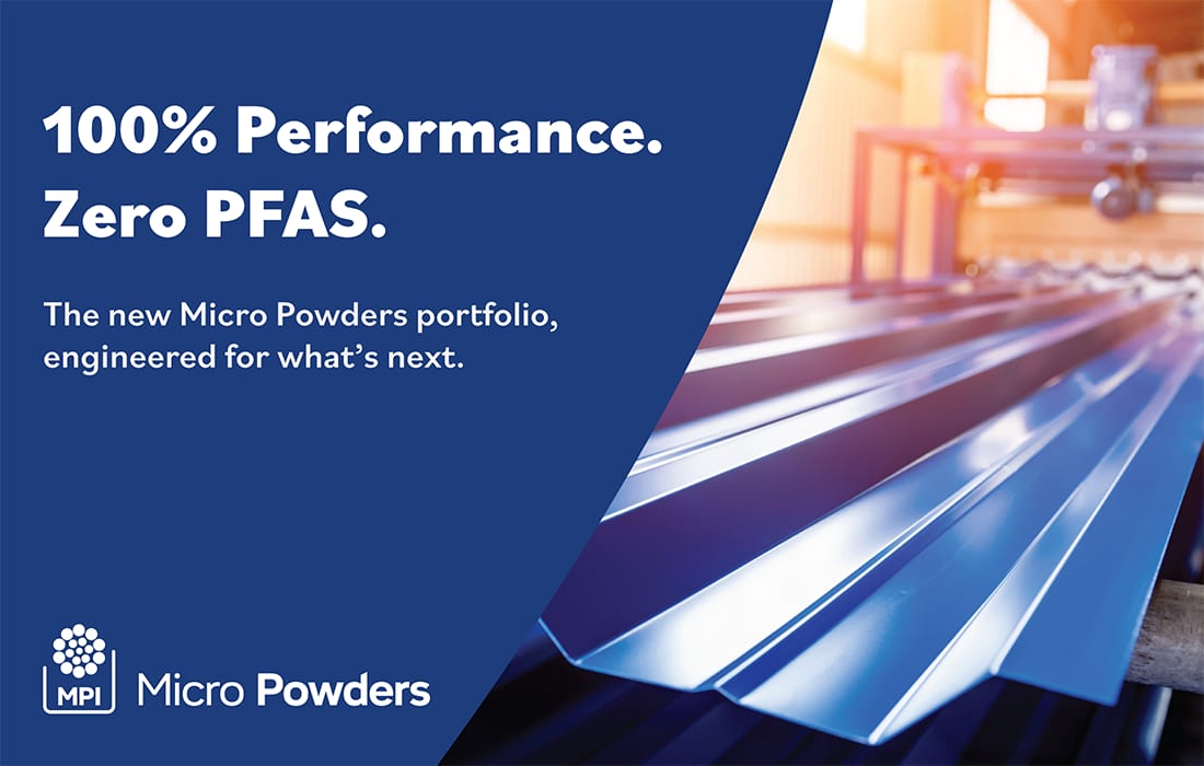 Ad for Micro Powders' new portfolio, featuring corrugated metal and emphasizing performance without PFAS.