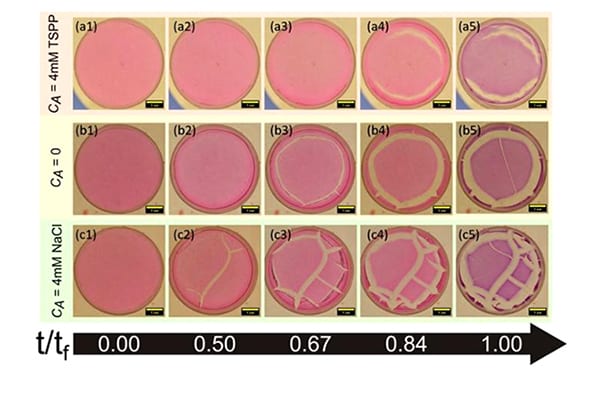 Emergence of cracks with respect to time for samples a, b and c with varying elasticities