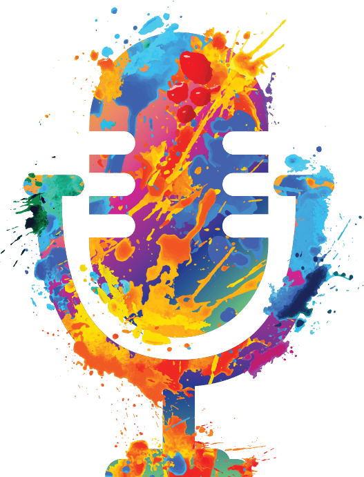 Abstract microphone filled with colorful paint splatters.