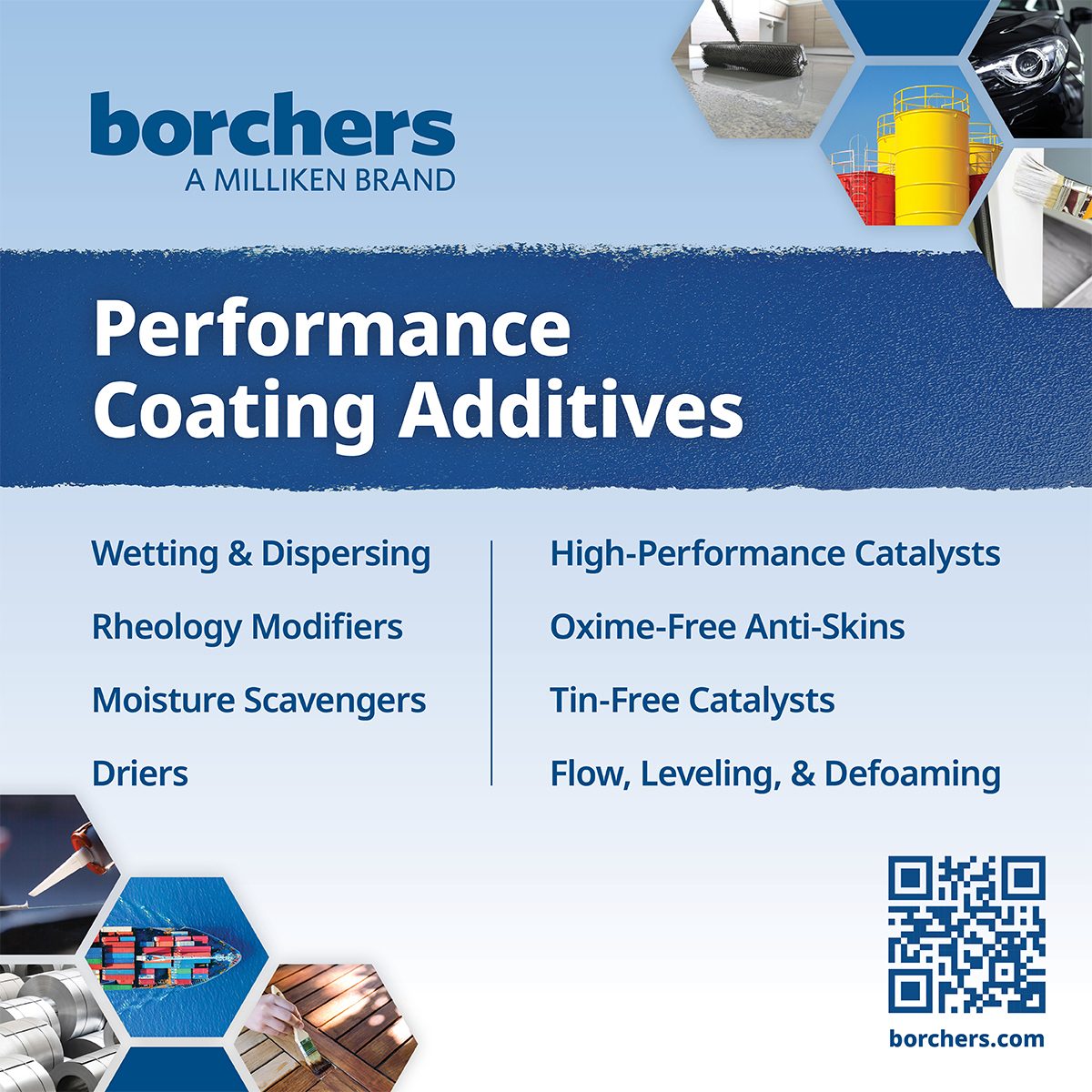 Borchers ad for coating additives: wetting, rheology, catalysts, anti-skins, driers, moisture scavengers.