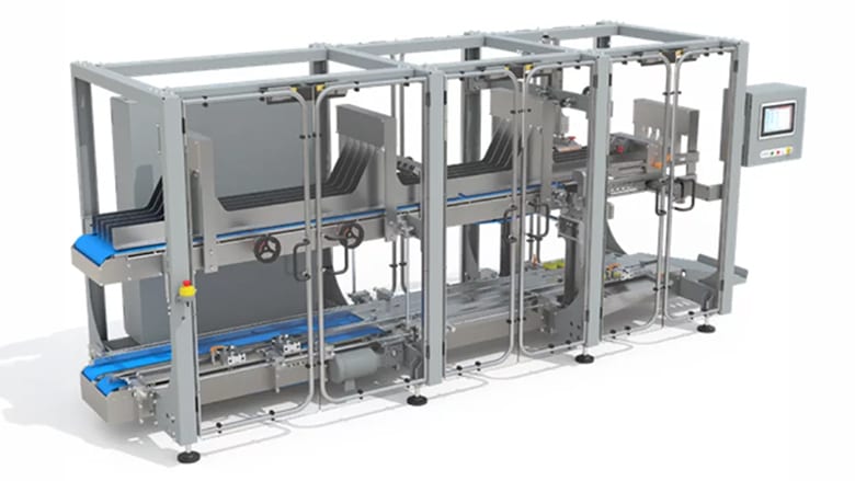 An industrial automated packaging and conveying machine with blue conveyor belts and a control panel.