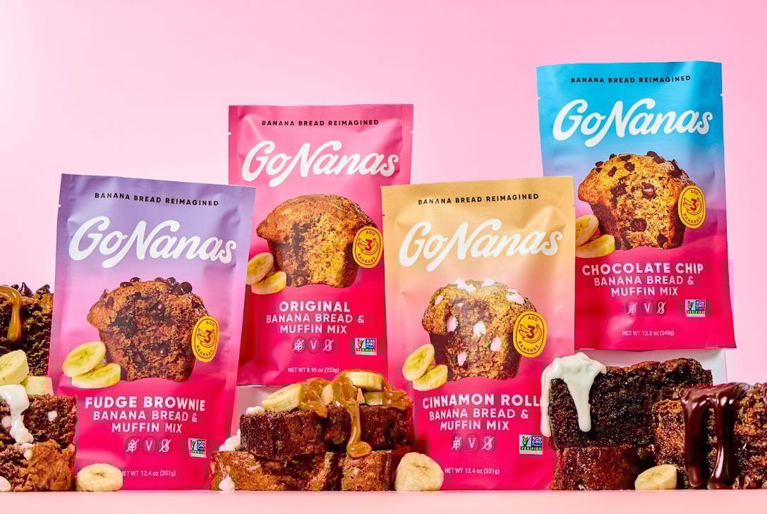 GoNanas banana bread and muffin mixes in Fudge Brownie, Original, Cinnamon Roll, and Chocolate Chip.