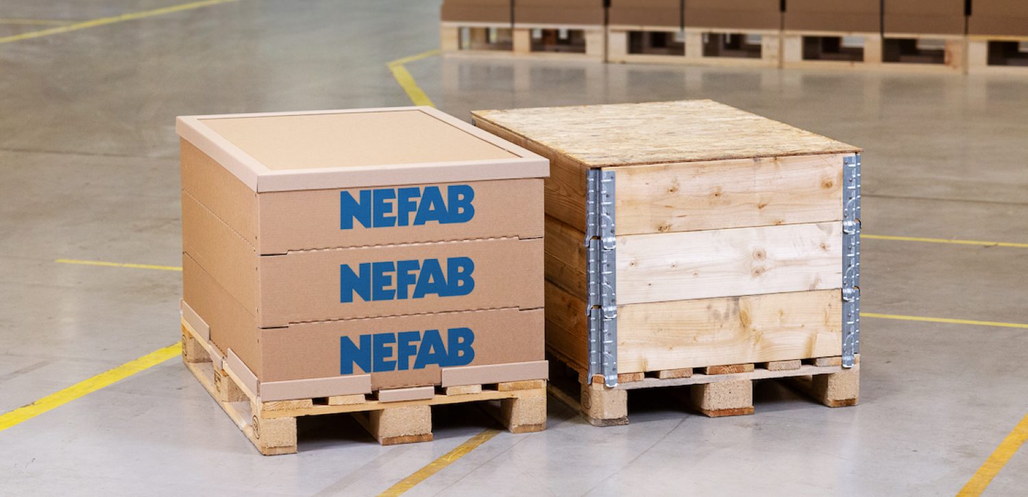 Nefab EdgePak collars around pallets in a warehouse