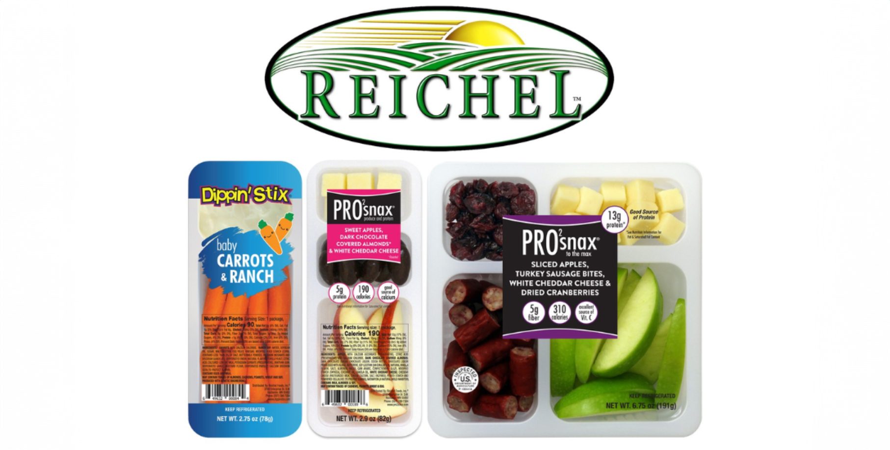 Reichel Dippin’ Stix and Pro2snax packaging with Reichel logo above it