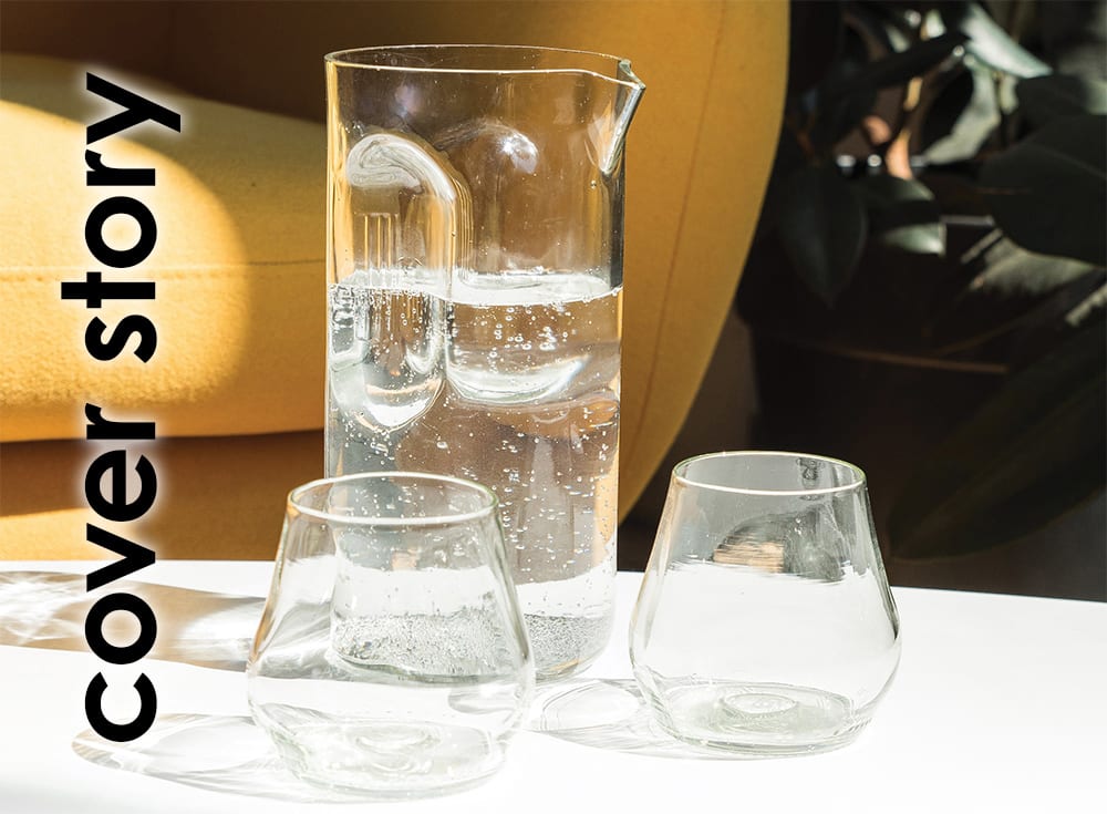Cover Story: glass pitcher with drinking glasses