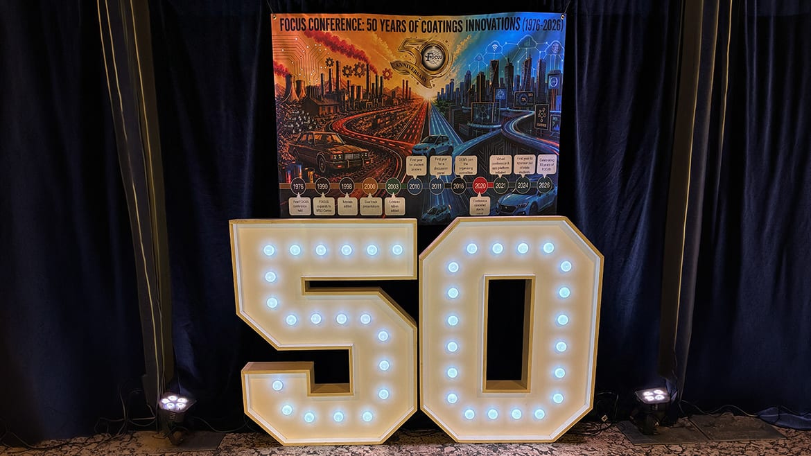 Banner for 'FOCUS CONFERENCE: 50 YEARS OF COATINGS INNOVATIONS (1976-2026)' with large illuminated '50' numbers below.