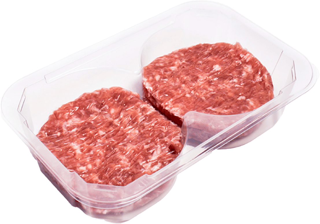 Meat in Xact Prepack tray against white background